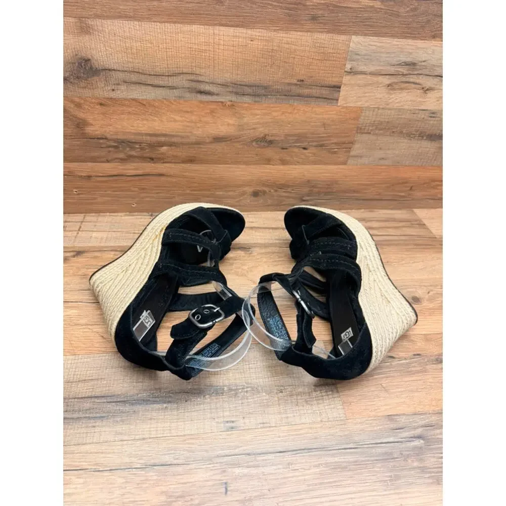 Ugg size 9.5 Callia Black Suede Platform Wedge Ankle Strap Heels Sandals women